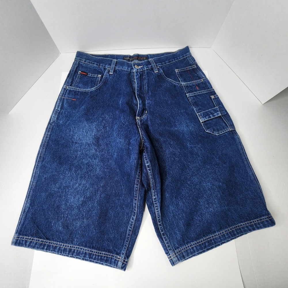 Vintage FUBU Jeans Shorts Mens 36 Blue Baggy Cargo Embroidered Faded Hip Hop Y2K